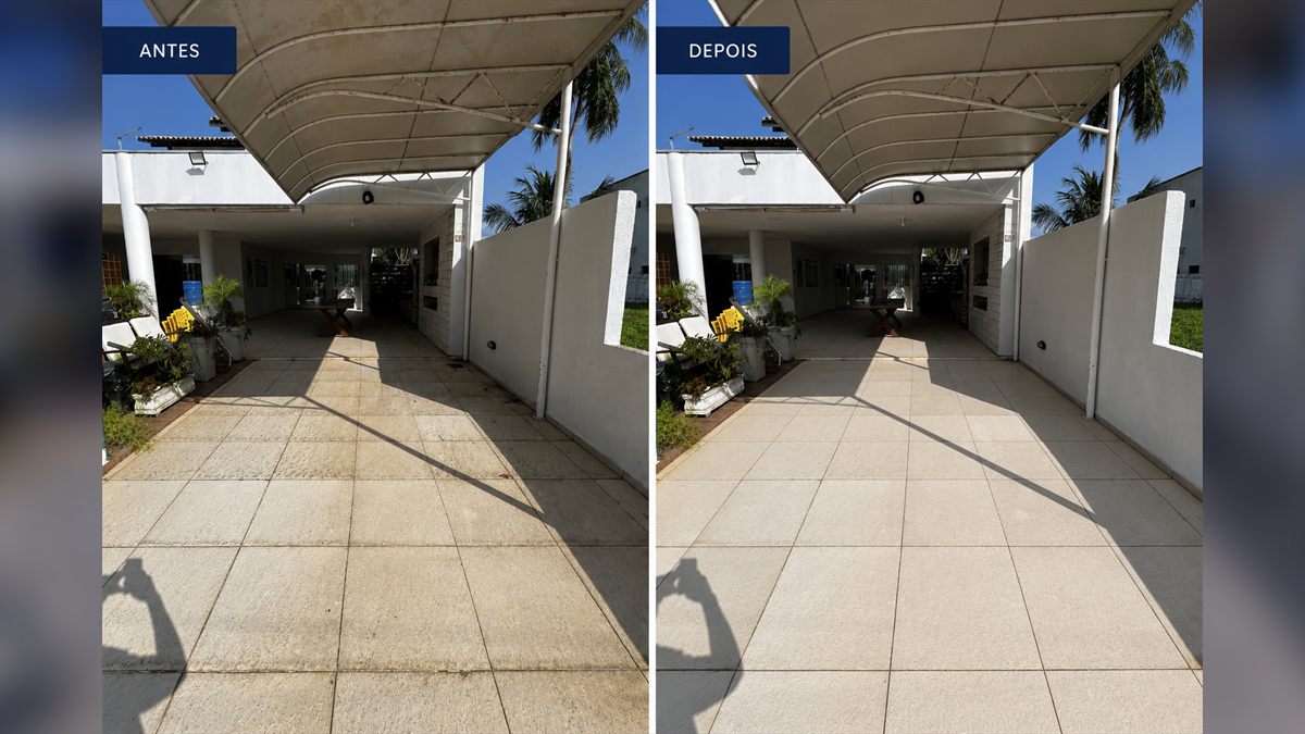 Antes e depois da limpeza de garagem coberta: piso encardido fica limpo e claro